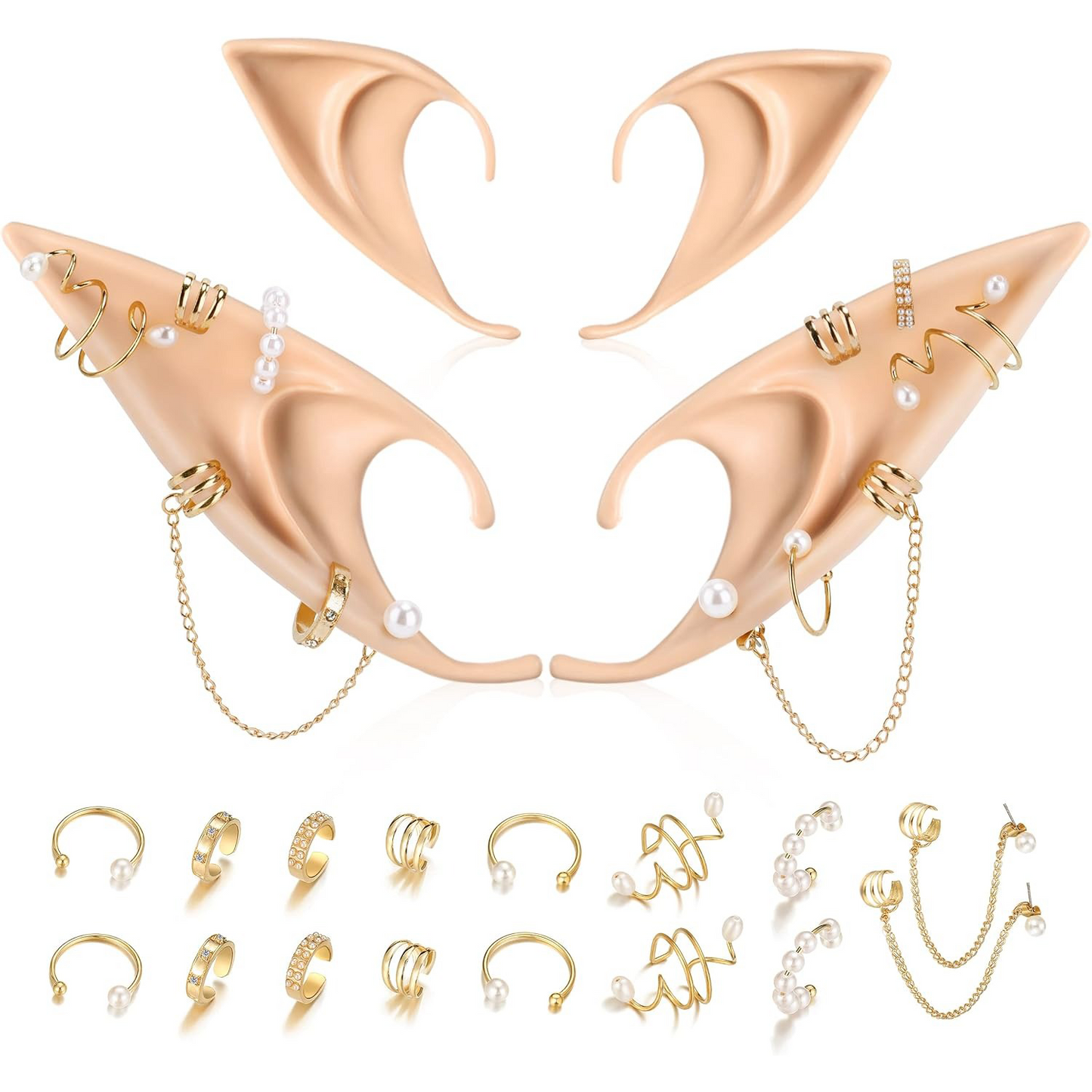 Elf Ear Accessory Set – 2 Pairs of Fairy Ears with Non-Pierced Pearl Earrings