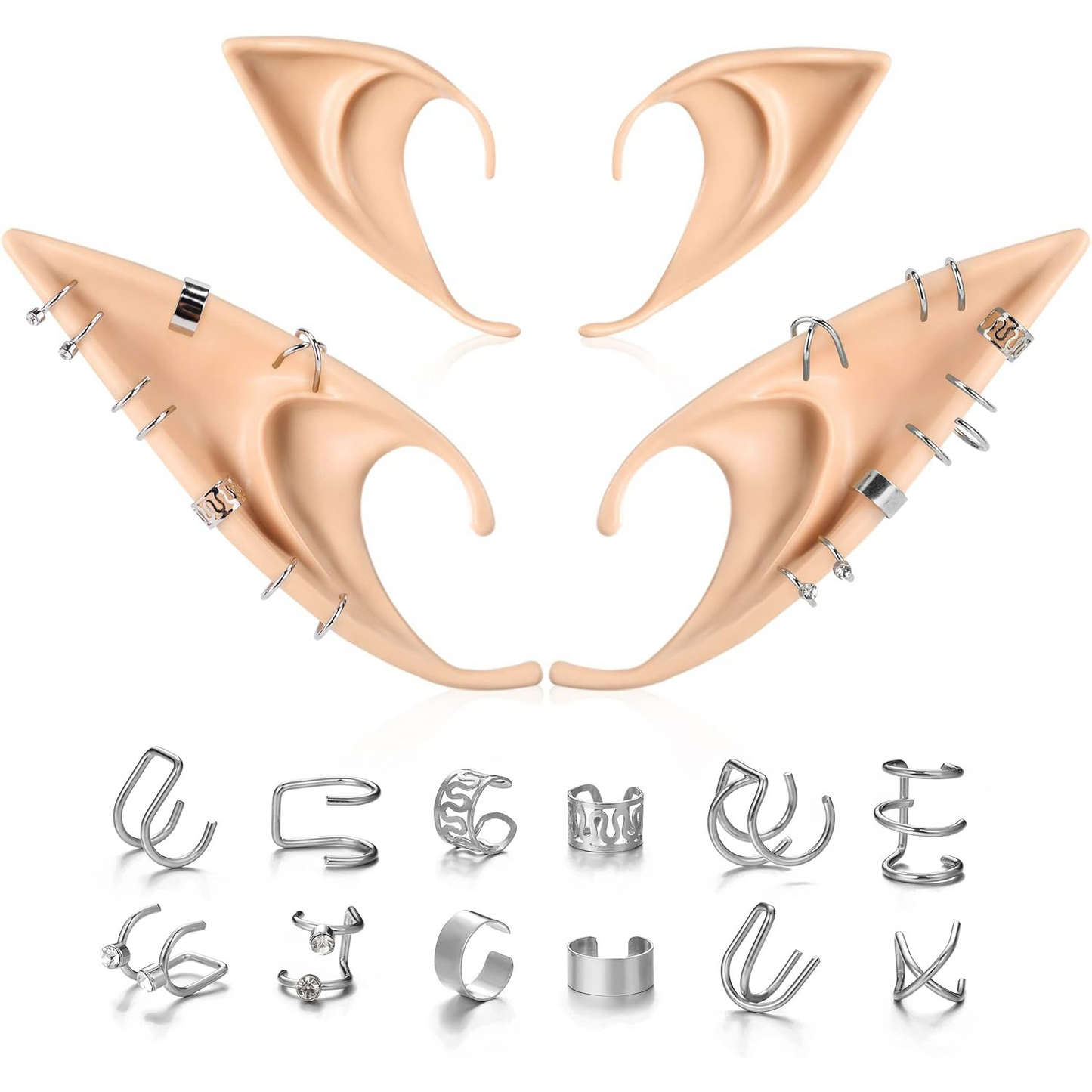 Elf Ear Accessory Set – 2 Pairs of Fairy Ears with Non-Pierced Pearl Earrings