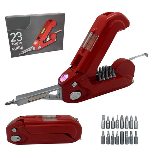 Compact Screwdriver, Tape Measure, Level, LED Light & Hammer Combo