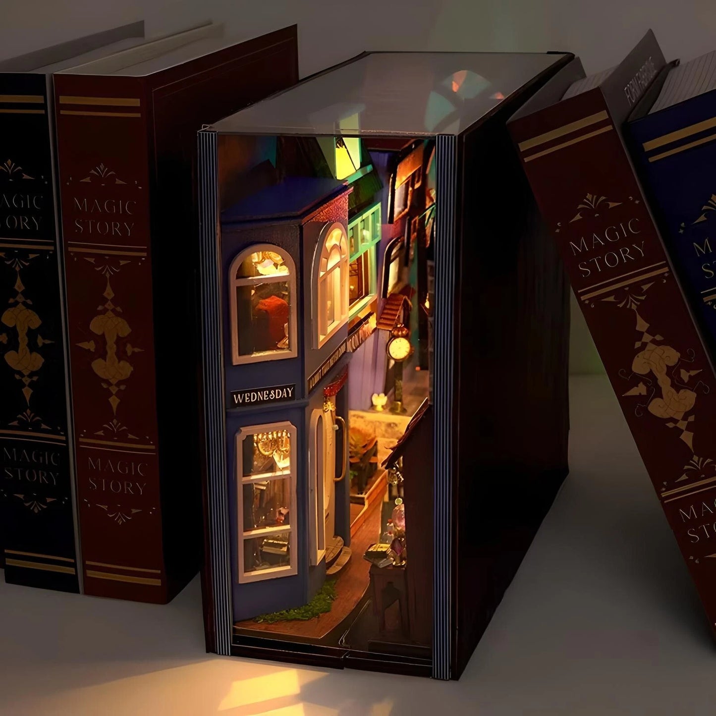 DIY Magic Spell Book Nook Kit – 3D Wooden Puzzle Bookshelf Insert with LED Lights & Miniature Furniture