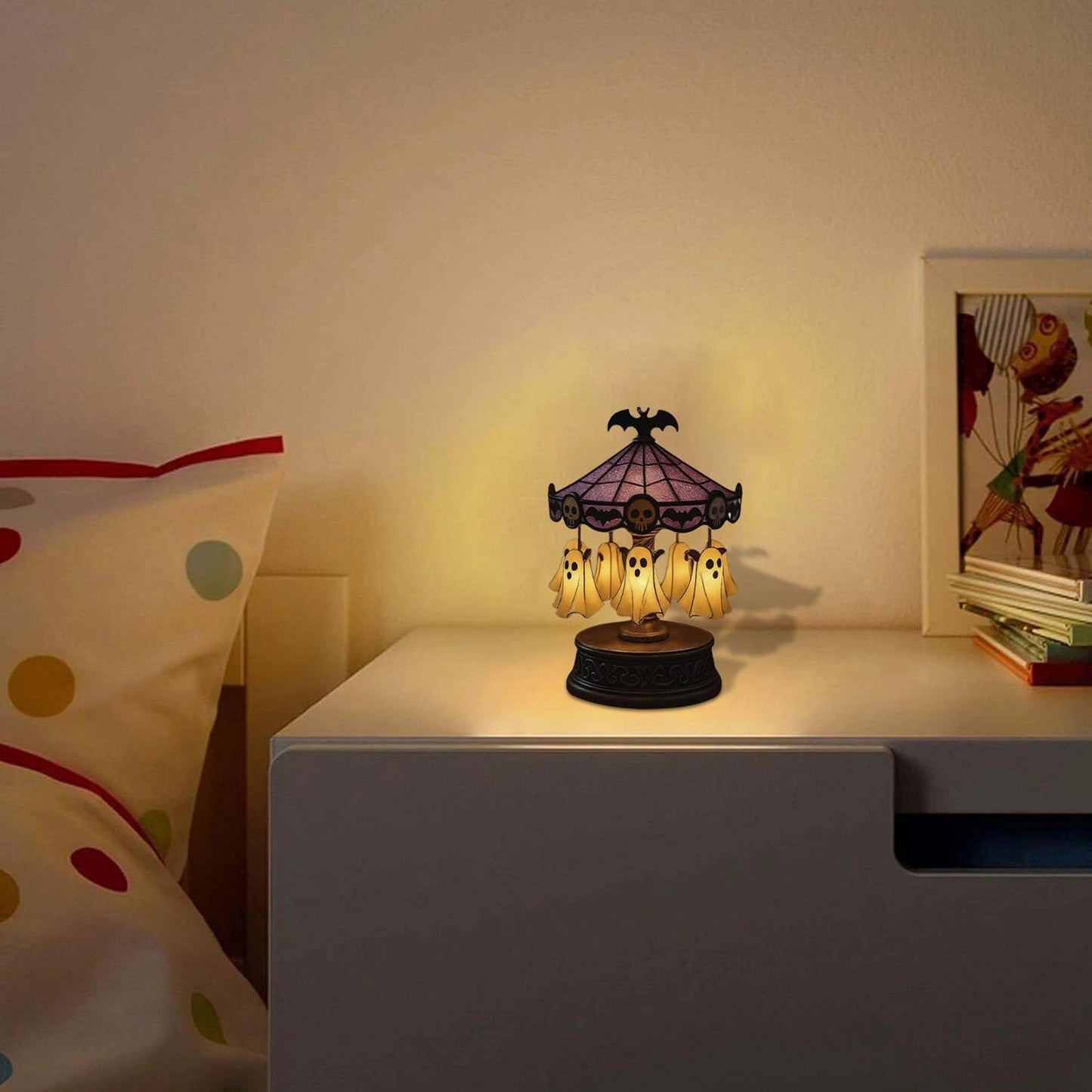 Ghost Carousel Lamp – Halloween Ghost Night Light | USB Rechargeable Decorative Light