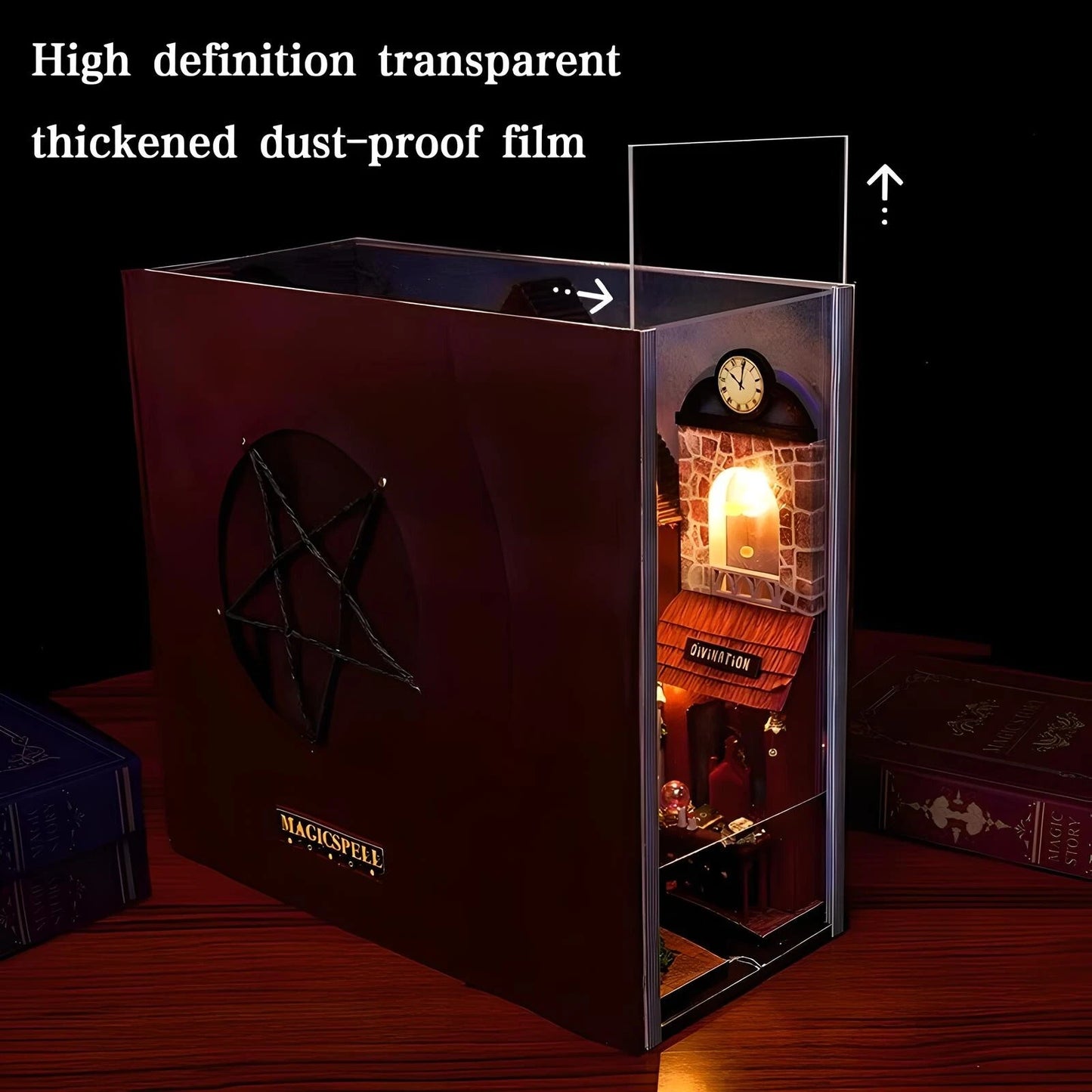 DIY Magic Spell Book Nook Kit – 3D Wooden Puzzle Bookshelf Insert with LED Lights & Miniature Furniture