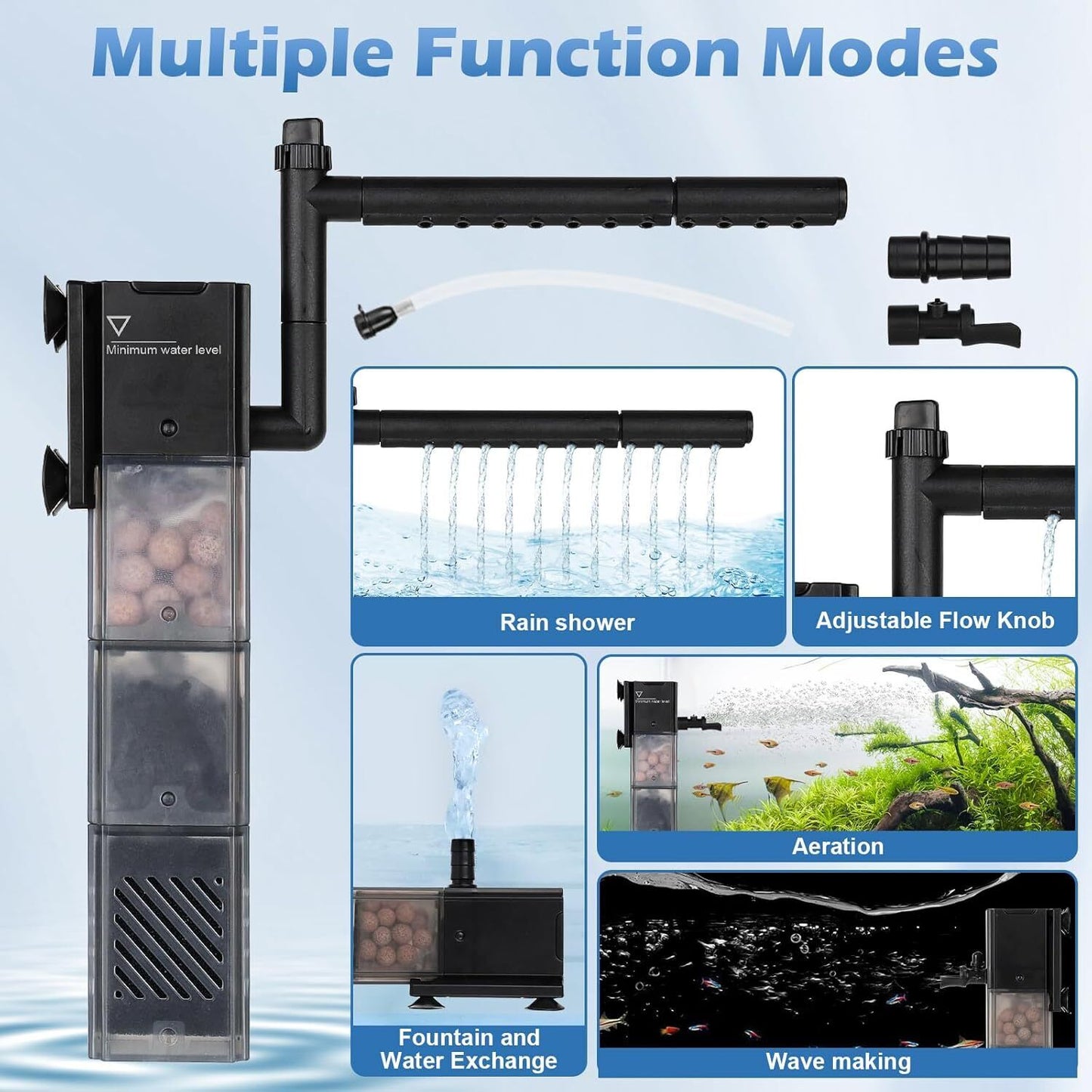 Multifunctional Aquarium Filter – 61-211 GPH Adjustable Water Flow, 5-in-1 Filtering System